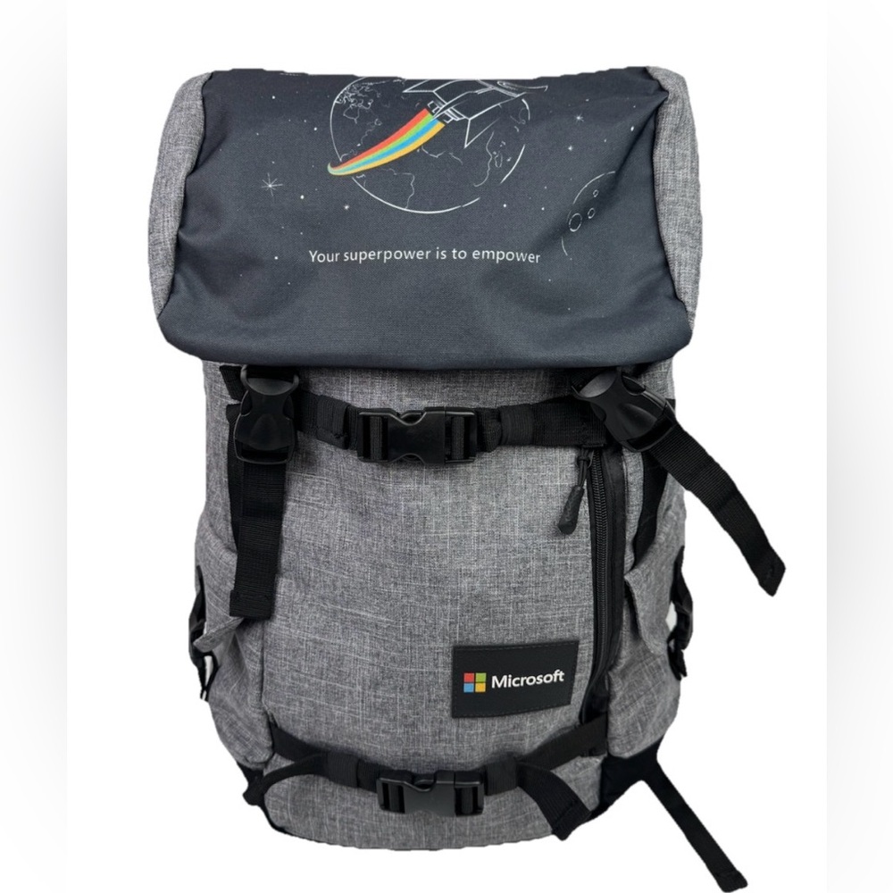 Origaudio Microsoft Computer Top Loader Buckle Flap Backpack  Book Bag Gray NWT